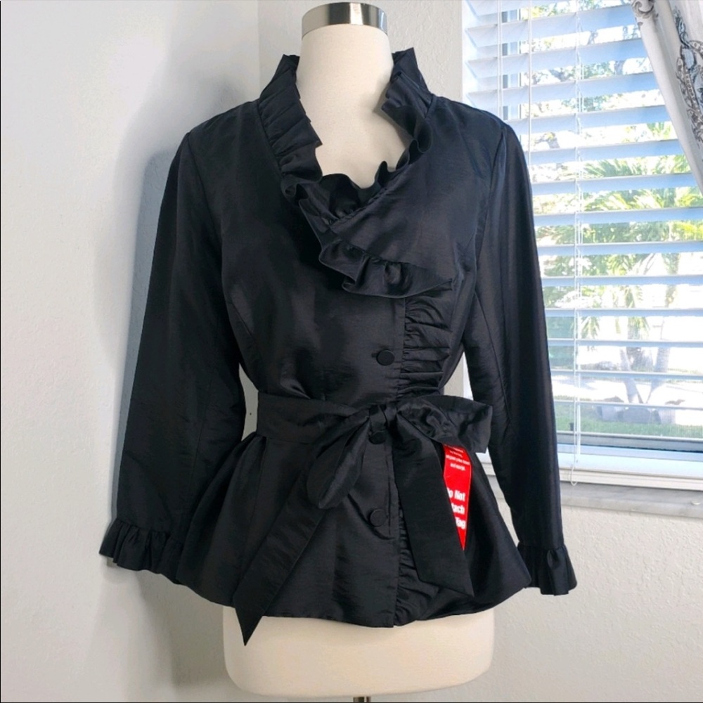 •CALVIN KLEIN•Women's Ruffle Trim Black Jacket L.